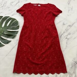 Robbie Bee Womens Vintage 90s Sheath Dress Size 8 Red Floral Embroidered Scallop